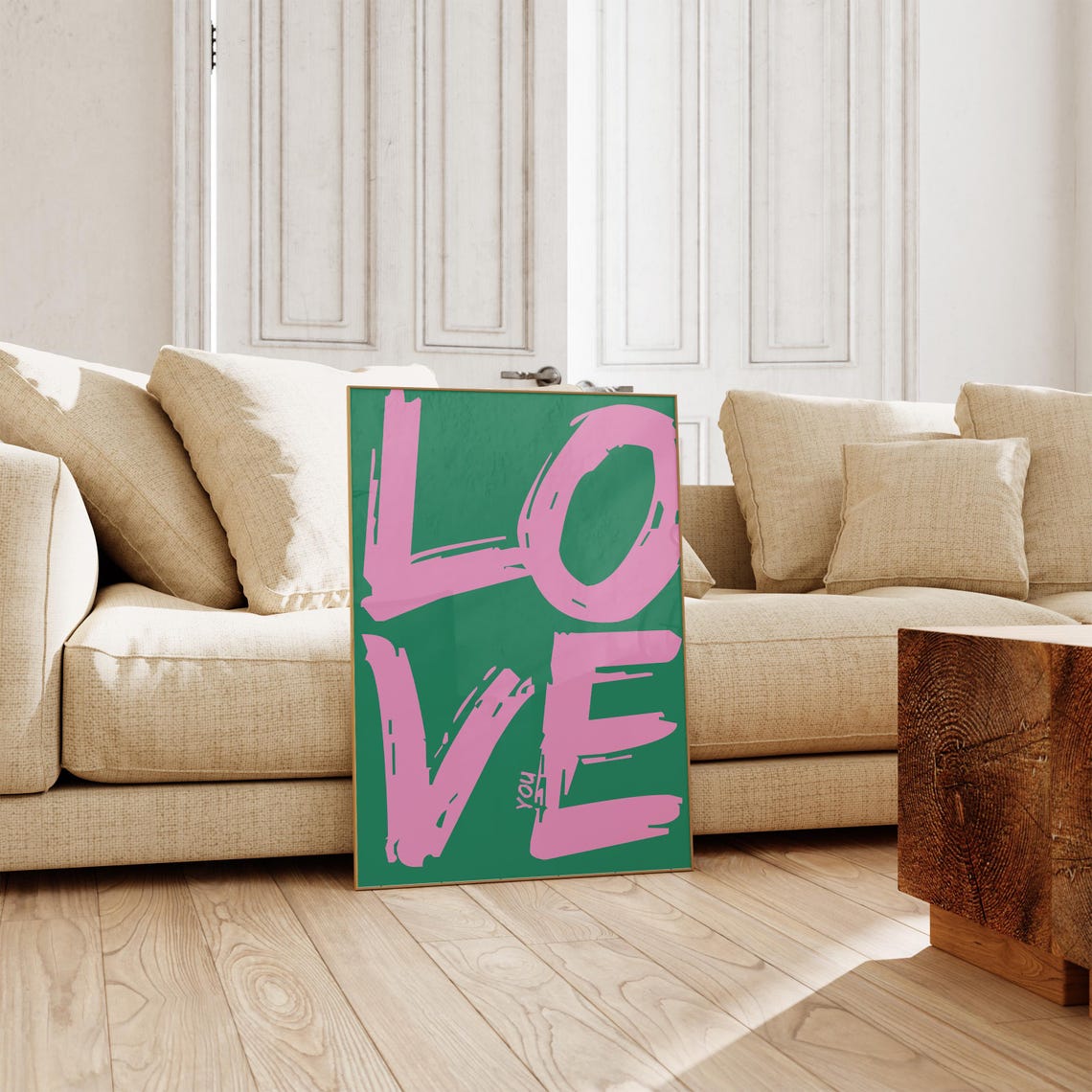 Oversized Love You Pink On Green Retro Brushstroke Typography Poster - Image 3