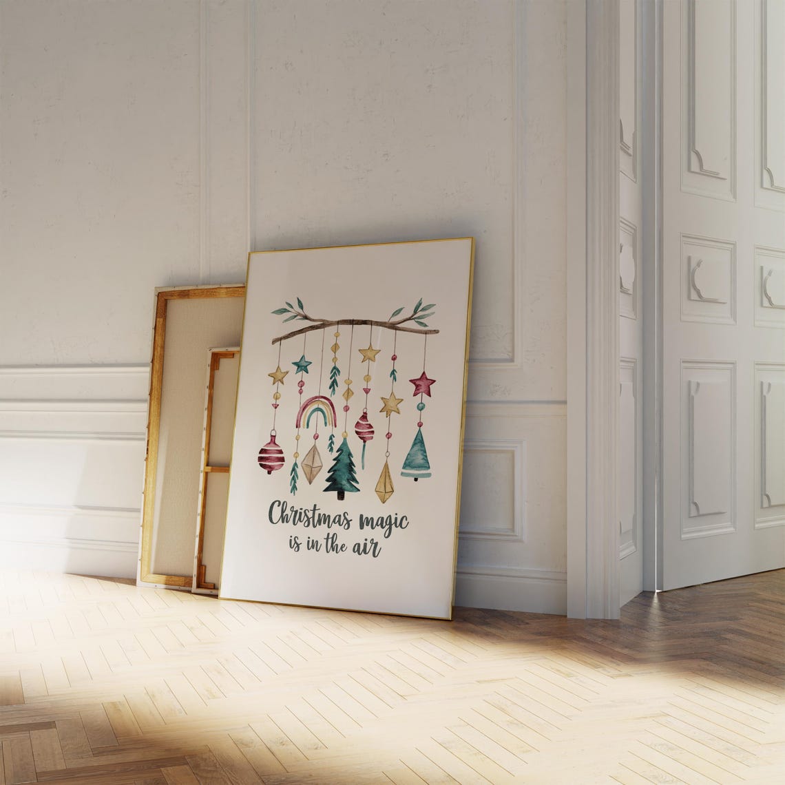 Christmas Magic Is in the Air Boho Watercolor Ornaments Poster - Image 2