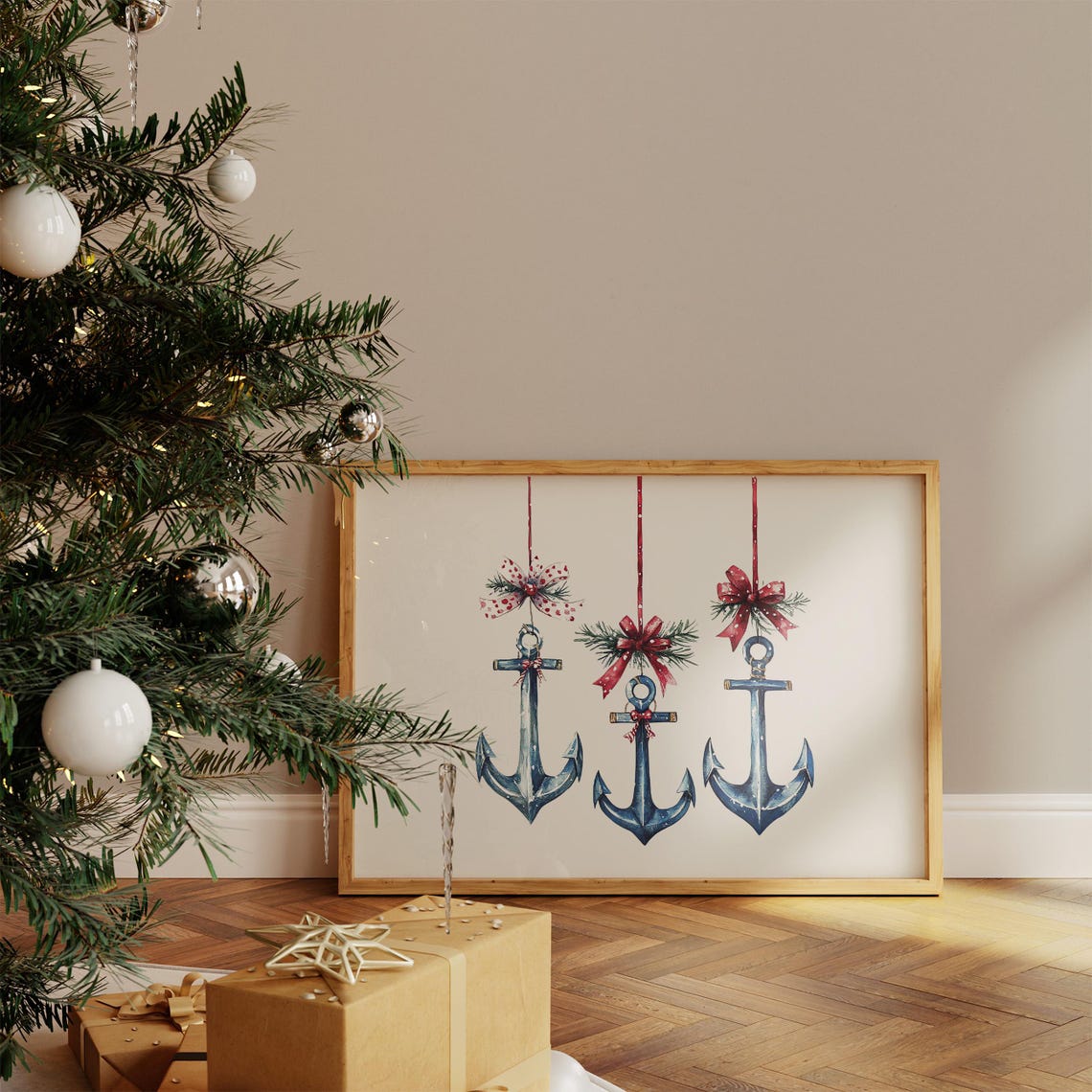 Watercolor Christmas Anchor Ornaments Coastal Holiday Poster Trio Set - Image 4