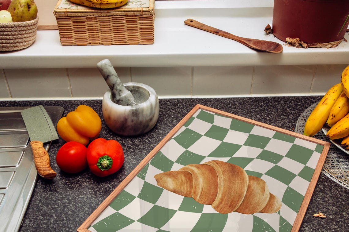 Buttery Croissant On Sage Green Wavy Retro Checkerboard Poster - Image 2