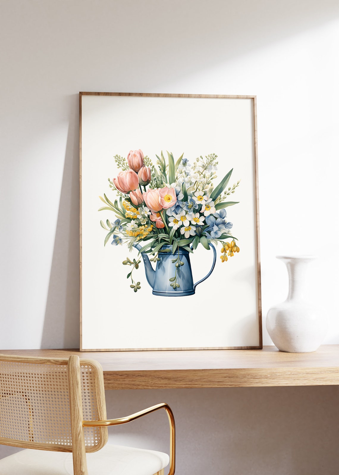Peach Tulips and Meadow Flowers in a Blue Pitcher Watercolor Poster - Image 4
