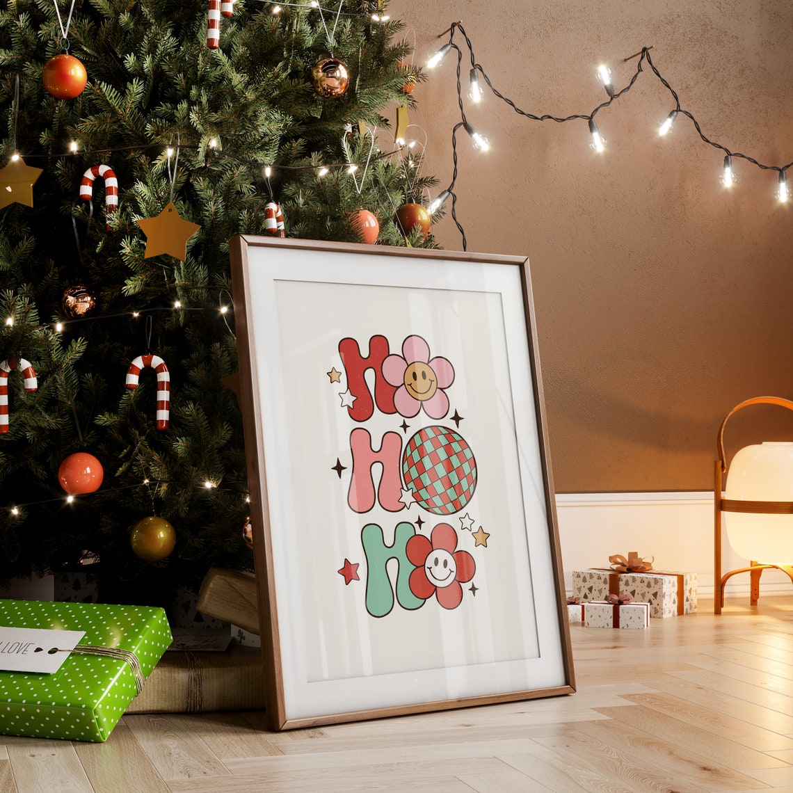 Ho Ho Ho Groovy Smiley Daisies Disco Ball Retro Holiday Poster - Image 2