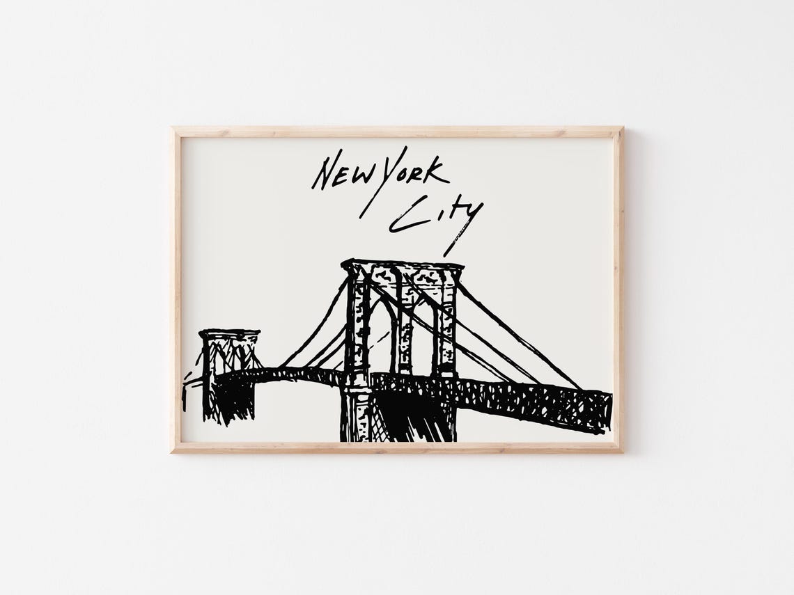 New York City Brooklyn Bridge Hand Drawn Sketch Typography Poster - Image 3