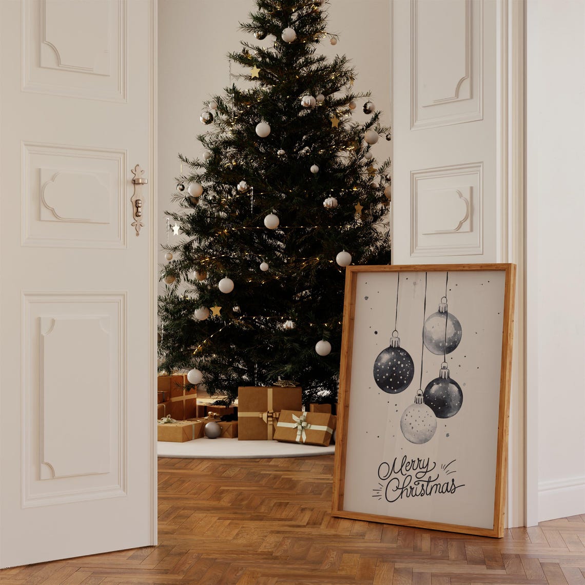 Merry Christmas Black and Silver Bauble Sketch Minimalist Poster - Image 2