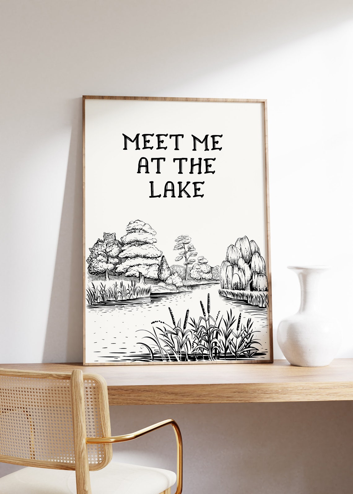 Meet Me At The Lake Vintage Line Art Trees Lake House Cabin Poster - Image 2