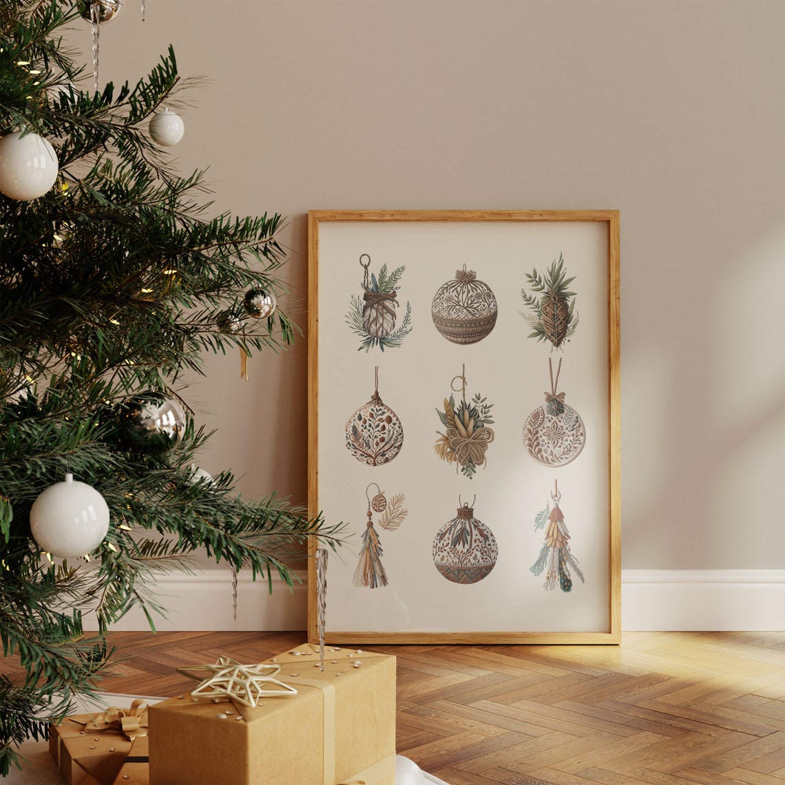 Nine Boho Botanical Christmas Ornaments Neutral Rustic Holiday Poster - Image 4