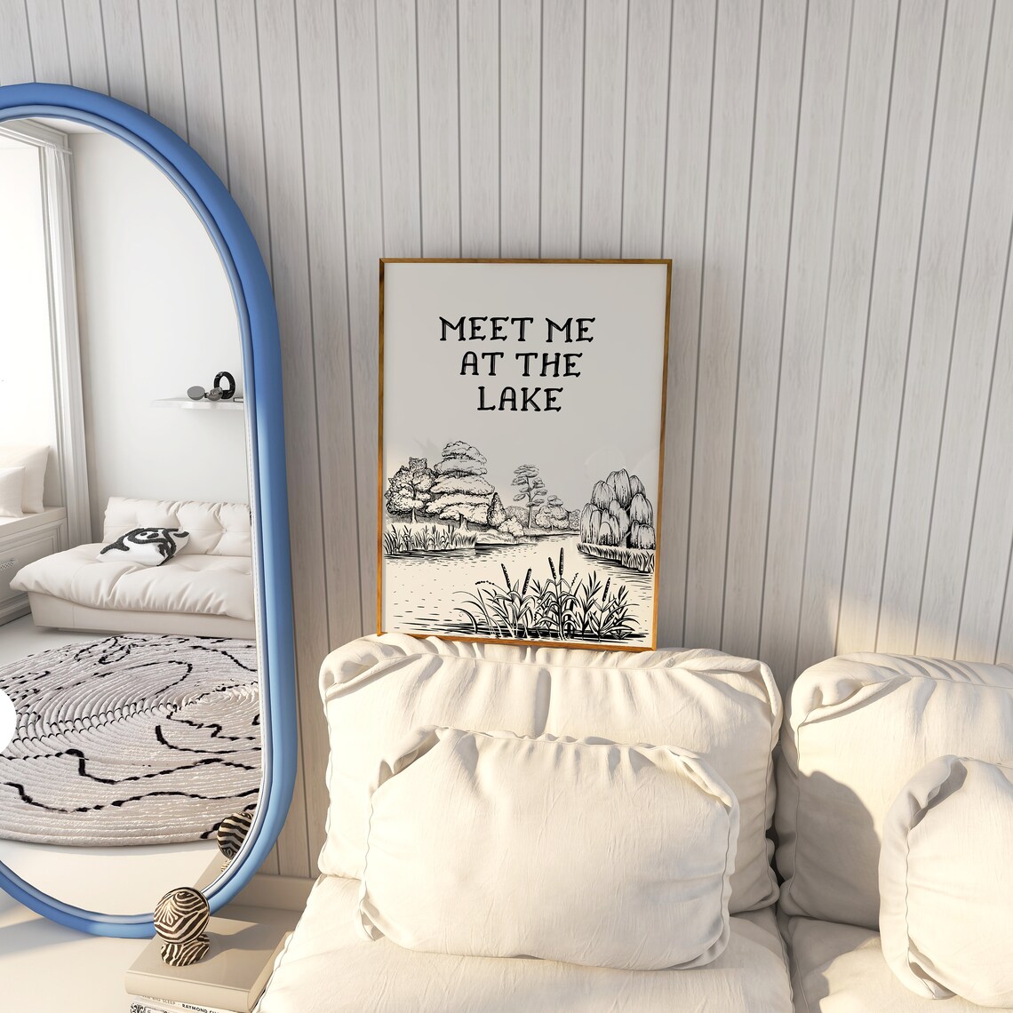 Meet Me At The Lake Vintage Line Art Trees Lake House Cabin Poster - Image 5