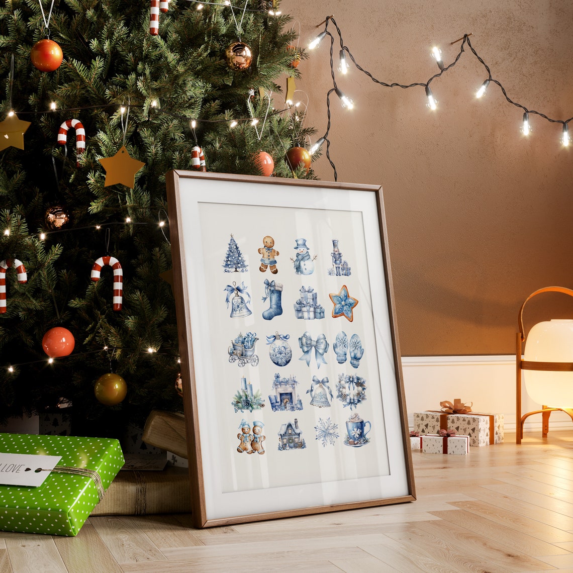 Blue Christmas Icons Watercolor Ornament Collage Holiday Wall Art - Image 2