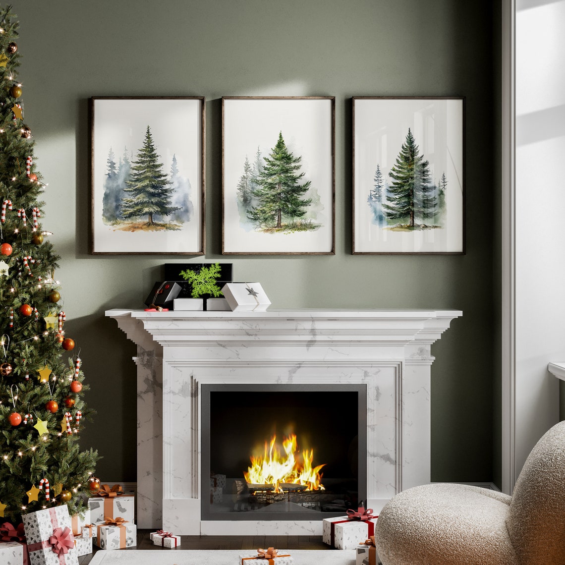Misty Watercolor Evergreen Forest Trio Christmas Winter Wall Art - Image 2