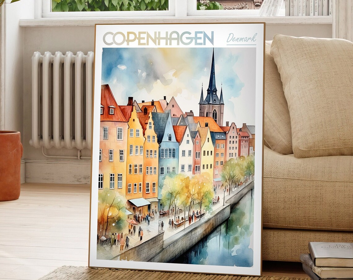 Copenhagen Denmark Watercolor Canal Houses Nyhavn Travel Poster