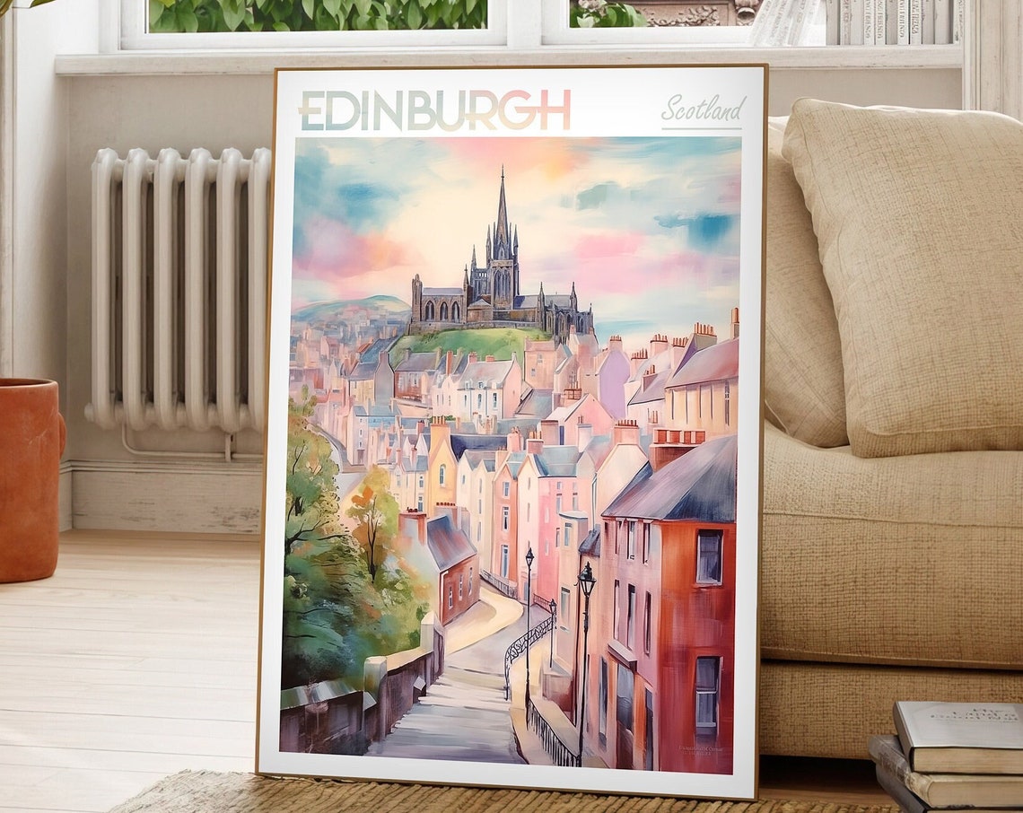 Edinburgh Scotland Pastel Watercolor Cityscape Cathedral Poster
