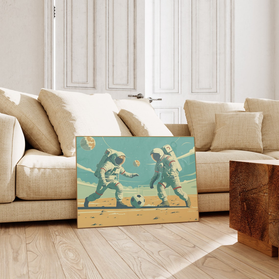 Two Retro Astronauts Playing Soccer on a Red Martian Field Poster - Image 3