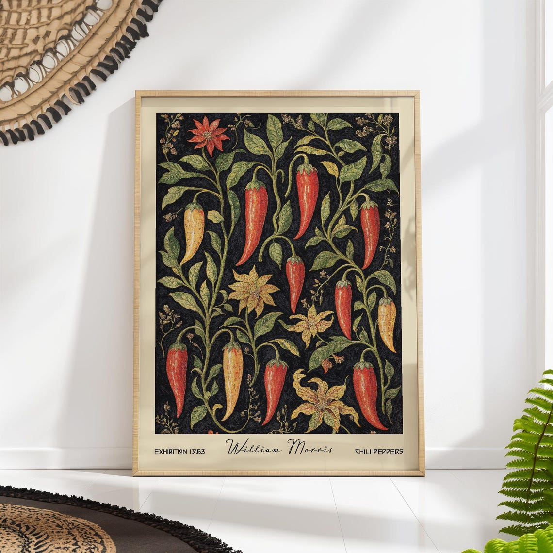 William Morris Style Chili Peppers Botanical 1953 Kitchen Art Poster