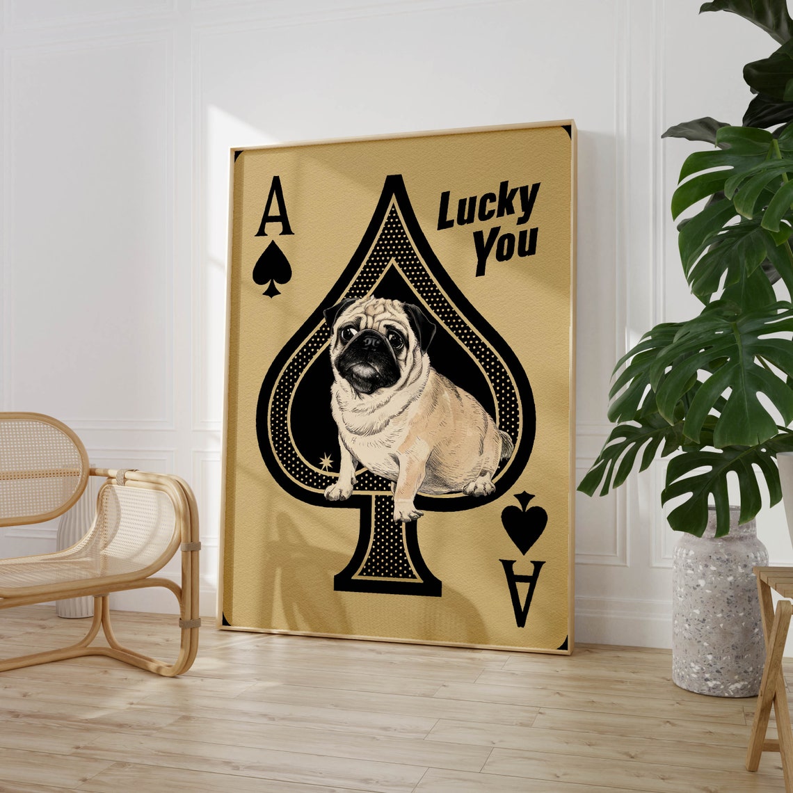Lucky You Pug Inside an Ace of Spades Vintage Gold Poker Poster