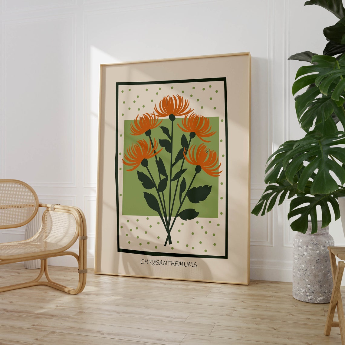 Orange Chrysanthemums Sage Green Background Autumn Floral Poster