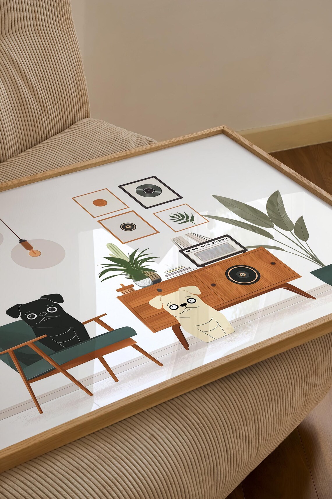 Two Pugs Relaxing in a Mid Century Modern Vinyl Music Room Poster - Image 2