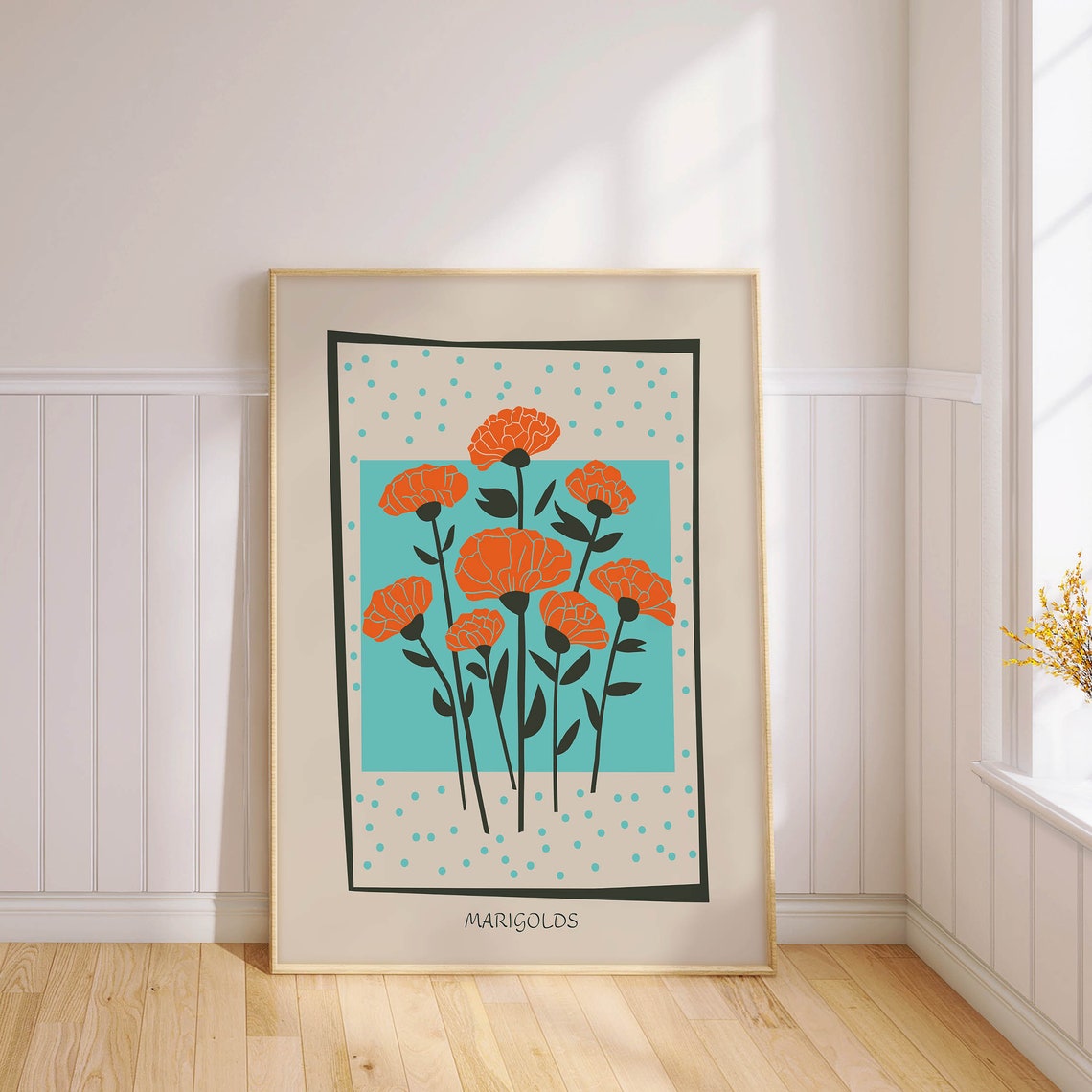 Orange Marigolds Turquoise Background Vibrant Botanical Poster - Image 2