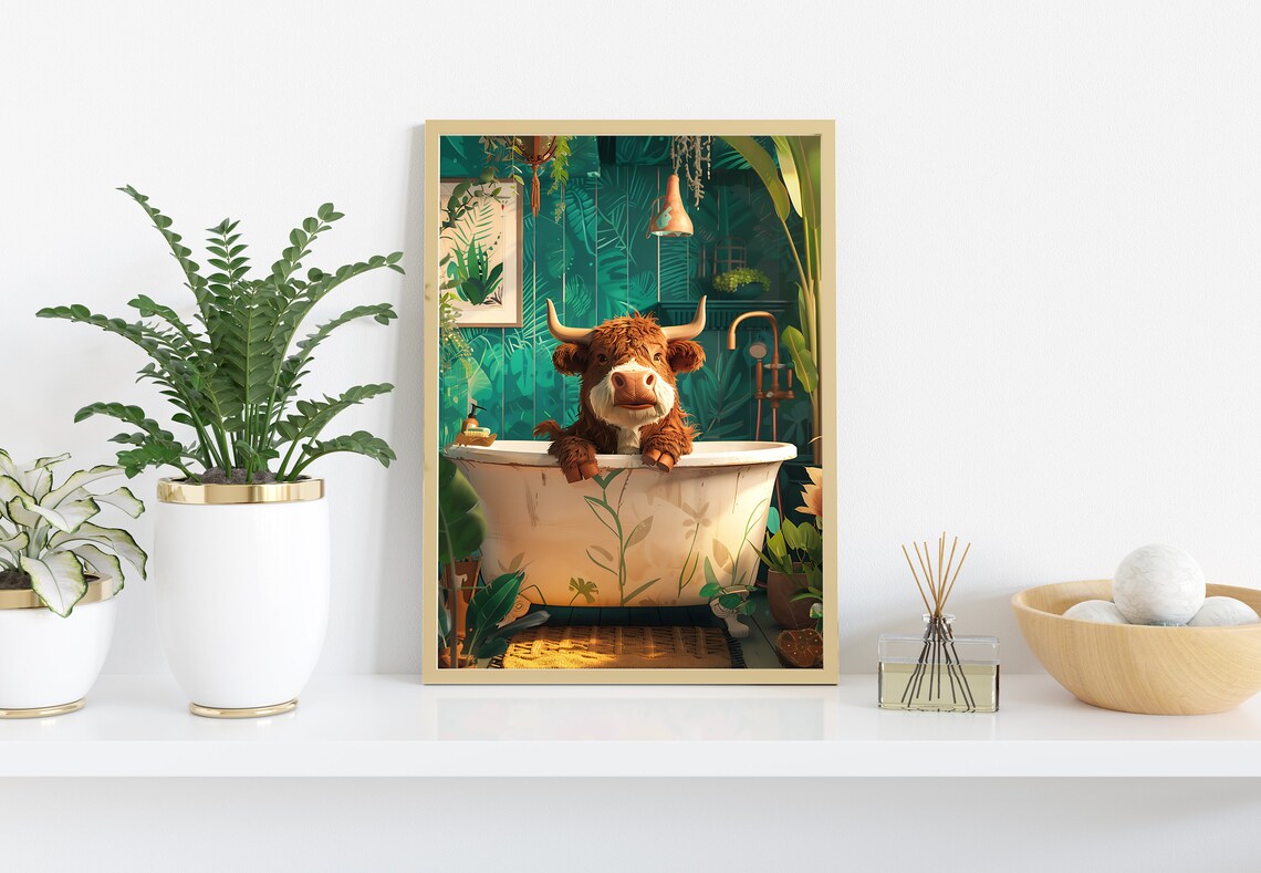 Scottish Bull In A Tub Maximalist Animal Art Print - Image 2