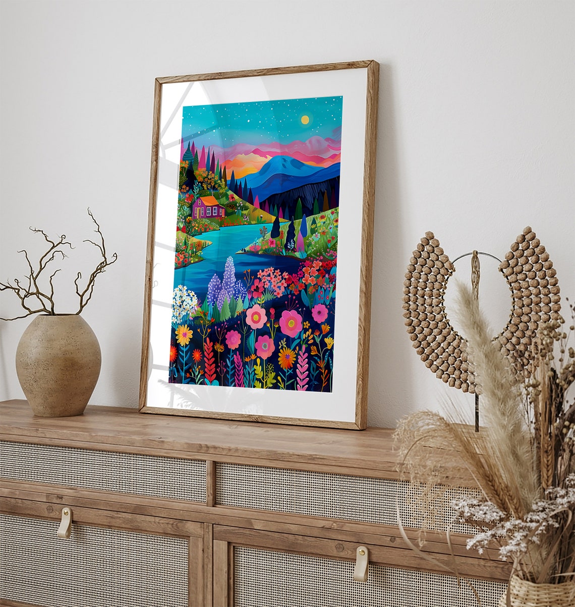 Sunset Mountain Lake Cabin Surrounded by Colorful Wildflowers Poster - Image 3