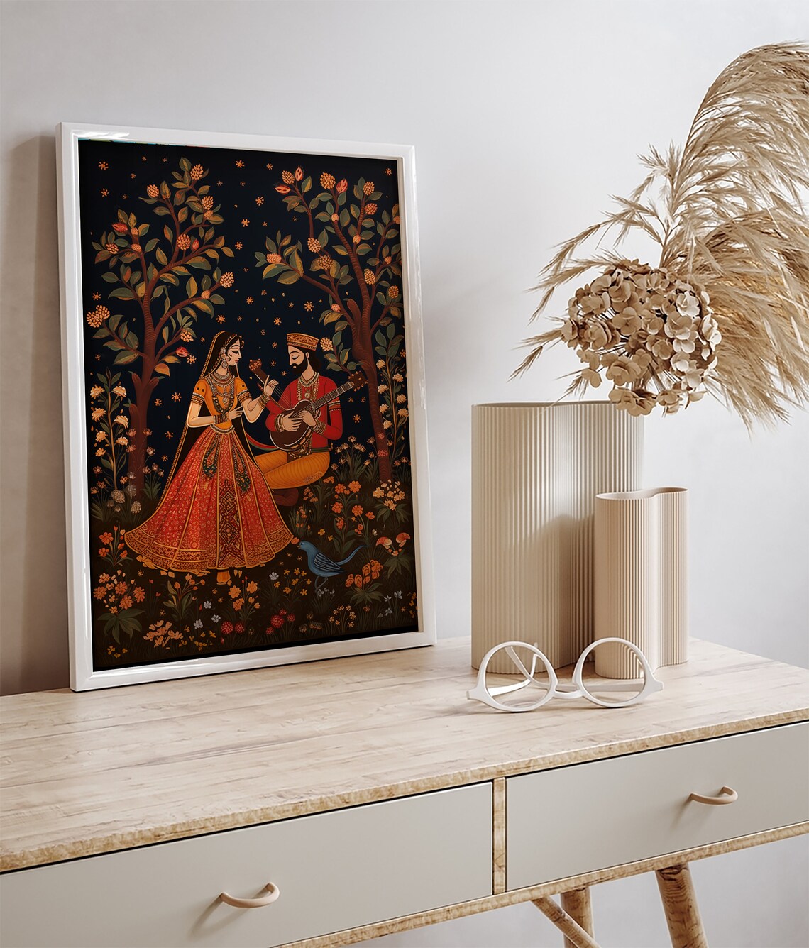 Raja Rani Indian Folk Painting Night Garden Music Vintage Art Poster - Image 3