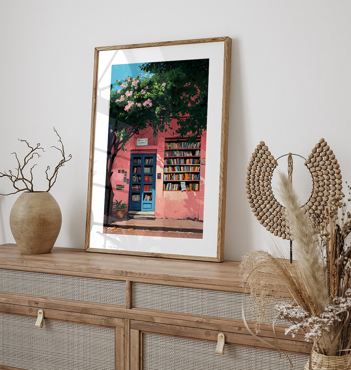 Pink Indian Bookshop With Blue Door Cozy Reading Corner Art Poster - Image 2