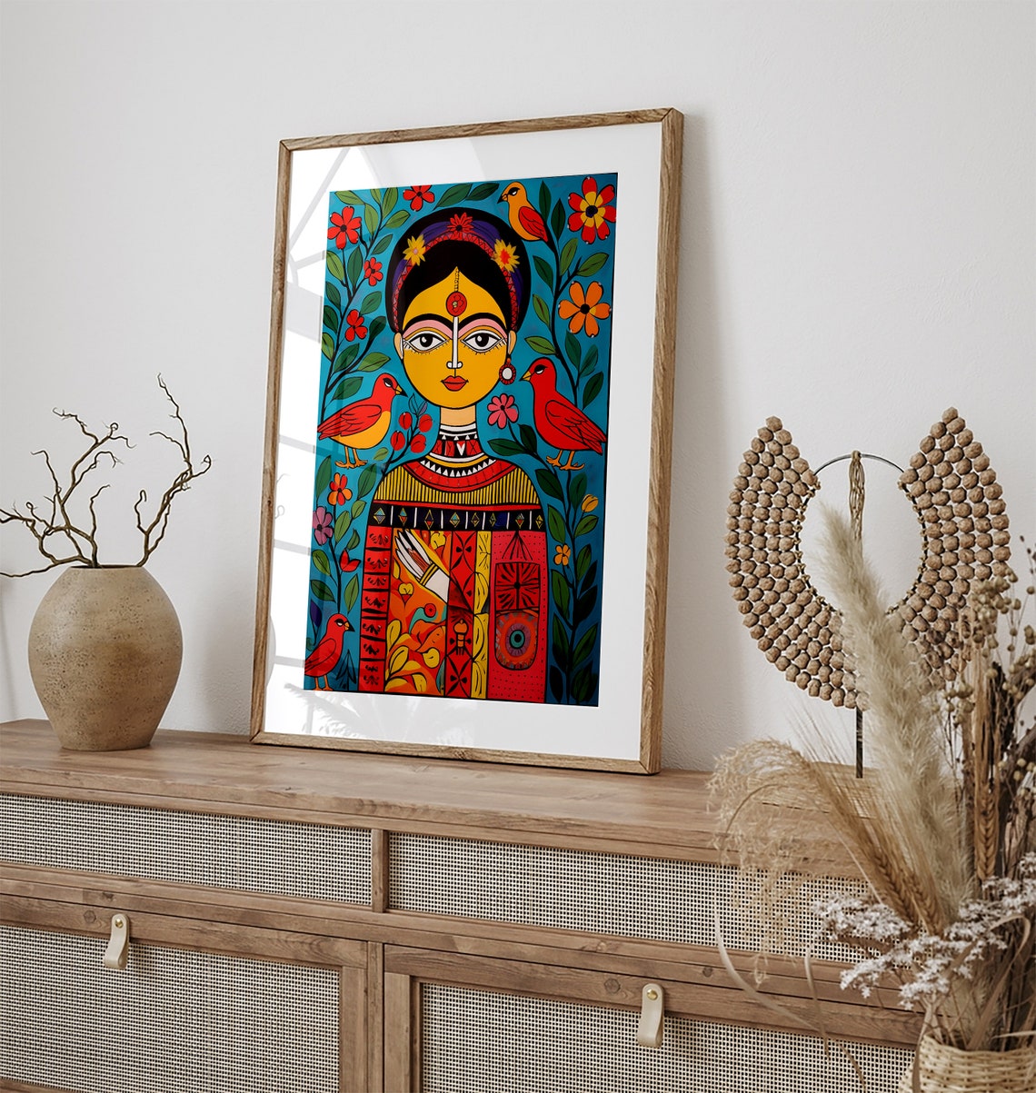 Frida Kahlo Folk Art Portrait Madhubani Birds Colorful Wall Art - Image 3