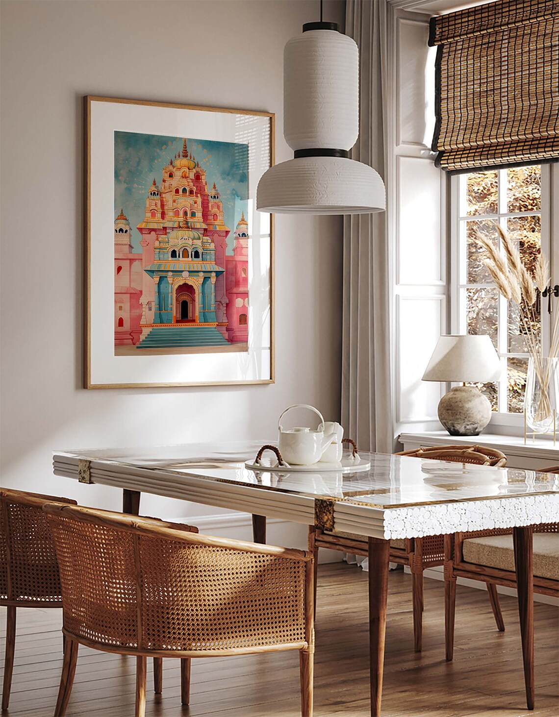 Pink Indian Temple Watercolor Tiered Tower Spiritual Art Poster - Image 2