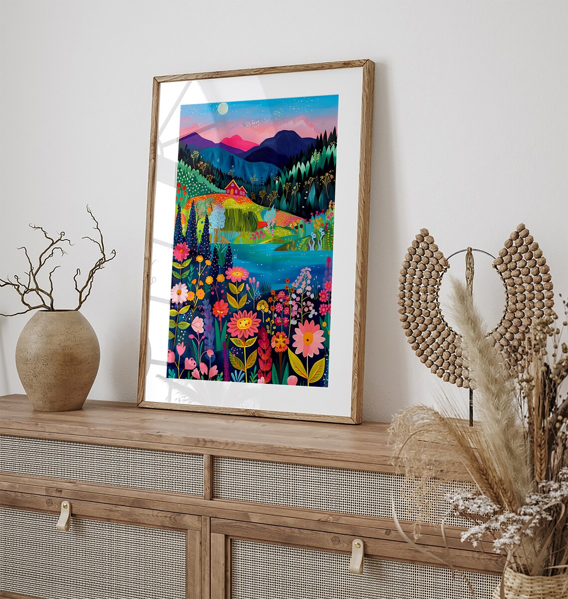 Pink House Hillside Lake Meadow Sunset Mountain Floral Art Poster - Image 2
