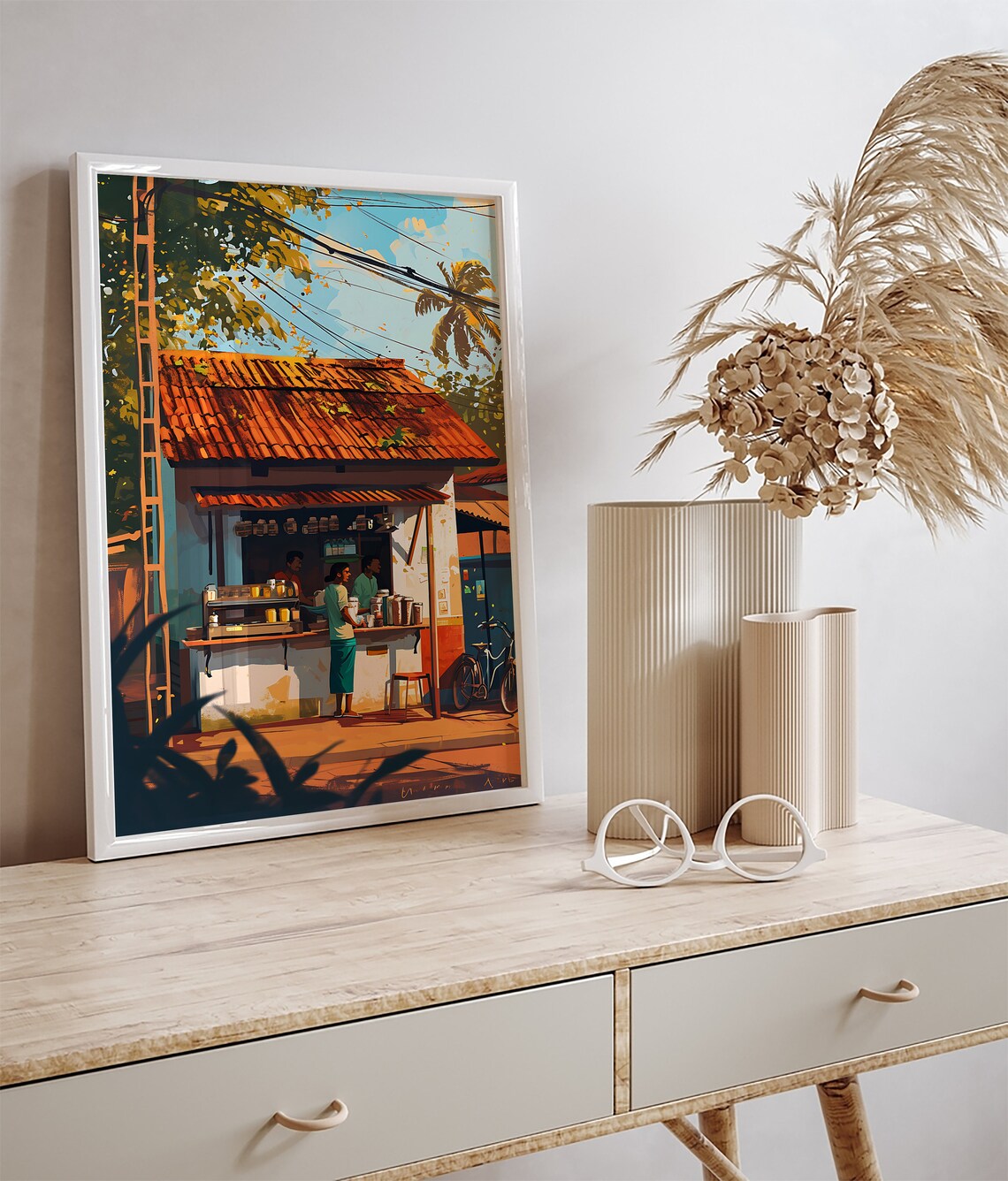 Kerala Chai Shop Art Print, Tropical Village Decor - Image 3