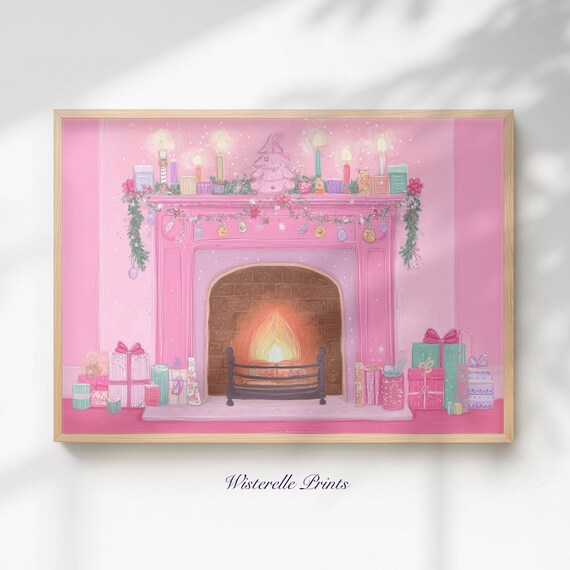 Pink Christmas Fireplace Poster Cozy Coquette Holiday Hearth Decor Art