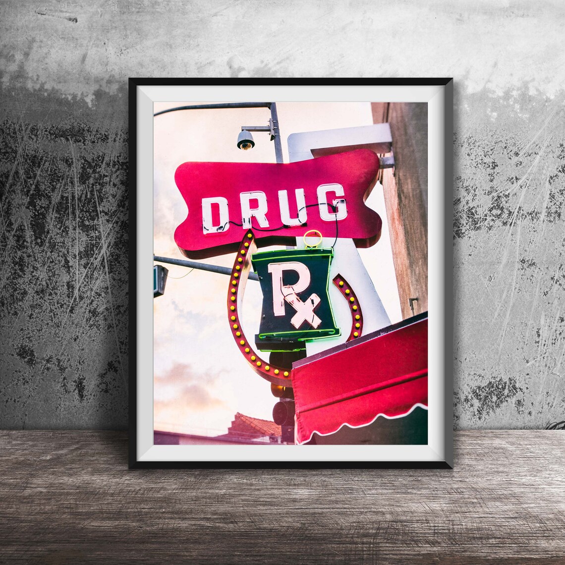 Vintage Drug Store Red Neon Rx Sign Retro Pharmacy Decor Poster