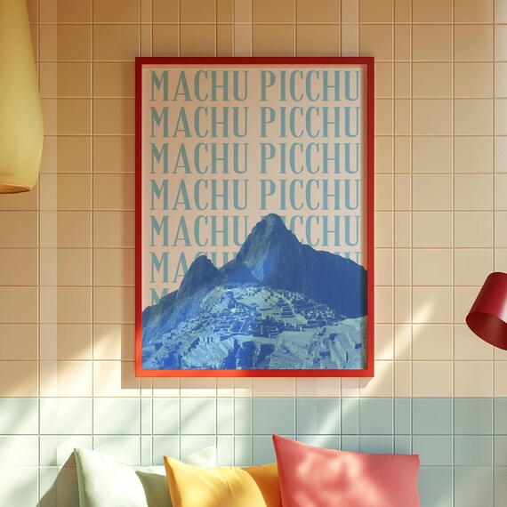 Machu Picchu Print Blue Peru Travel Poster Real Photo Andes Mountains Minimalist Wall Art Decor