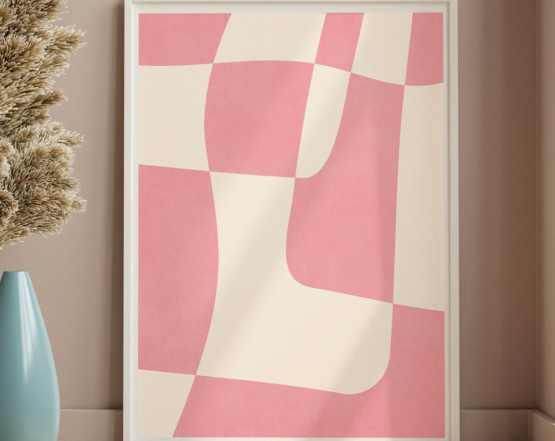 Pink White Wavy Checkerboard Modern Minimalist Abstract Print - Image 4