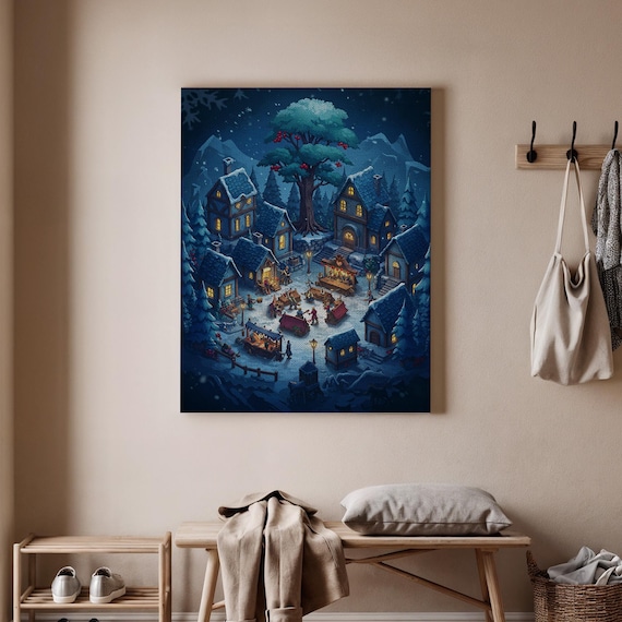 Christmas Village Festive Winter Town Night Market Scene Poster