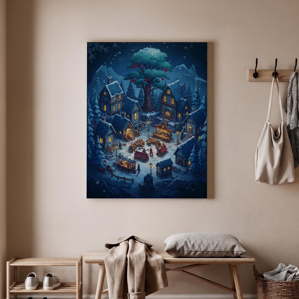 Christmas Village Canvas Wall Art Festive Winter Town Scene Snowy Holiday Market Print Cozy Seasonal Home Decoration Decor
