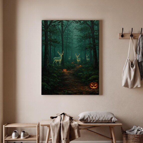 Enchanted Forest Halloween Canvas Wall Art Spooky Deer And Pumpkin Path Haunted Print For Seasonal Decor