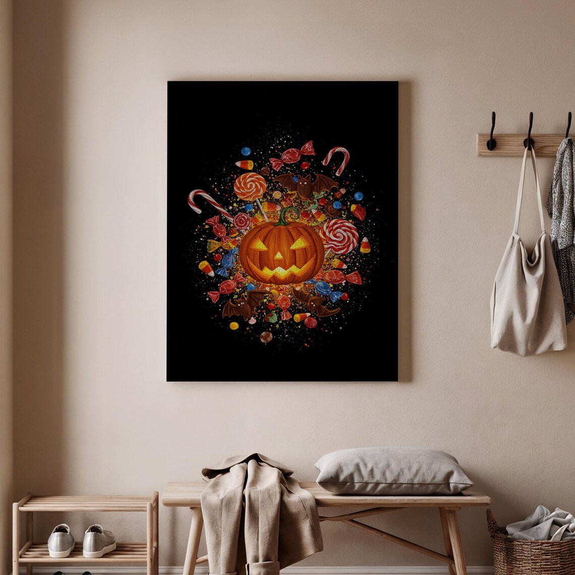 Halloween Pumpkin Candy Art And Canvas Spooky Decor With Bat Sweet Night