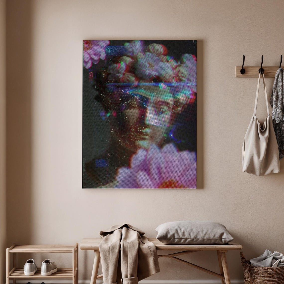 Classical Statue Glitch Art Flower Crown Holographic Portrait Poster