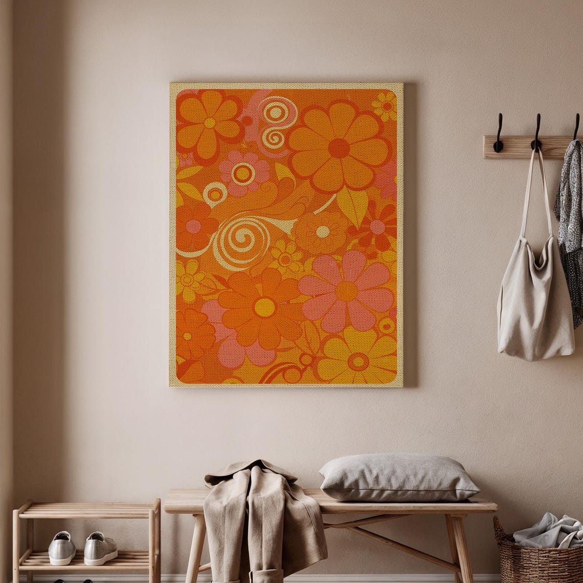 Retro 70s Orange Floral Pattern Vintage Flower Power Psychedelic Print