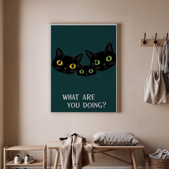 Funny Black Cat Wall Art Cute Canvas Print What Are You Doing Poster Playful Decor For Home Office Or Living Room