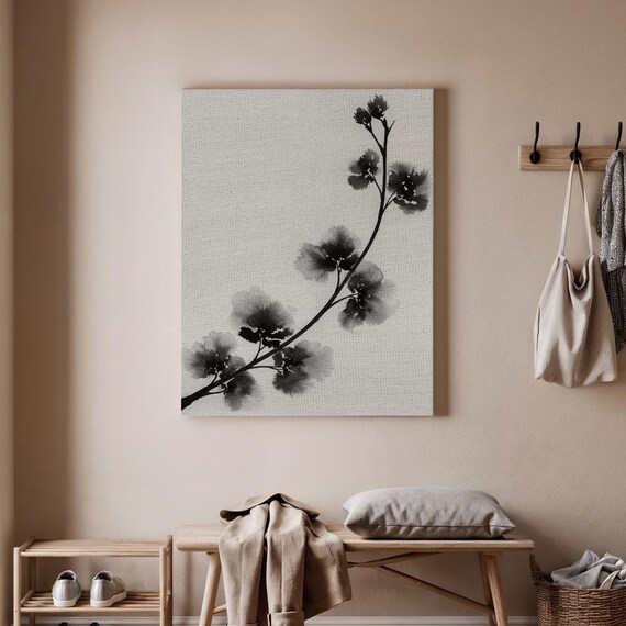 Elegant Minimalist Black Fine Ink Blossom Branch on White Poster
