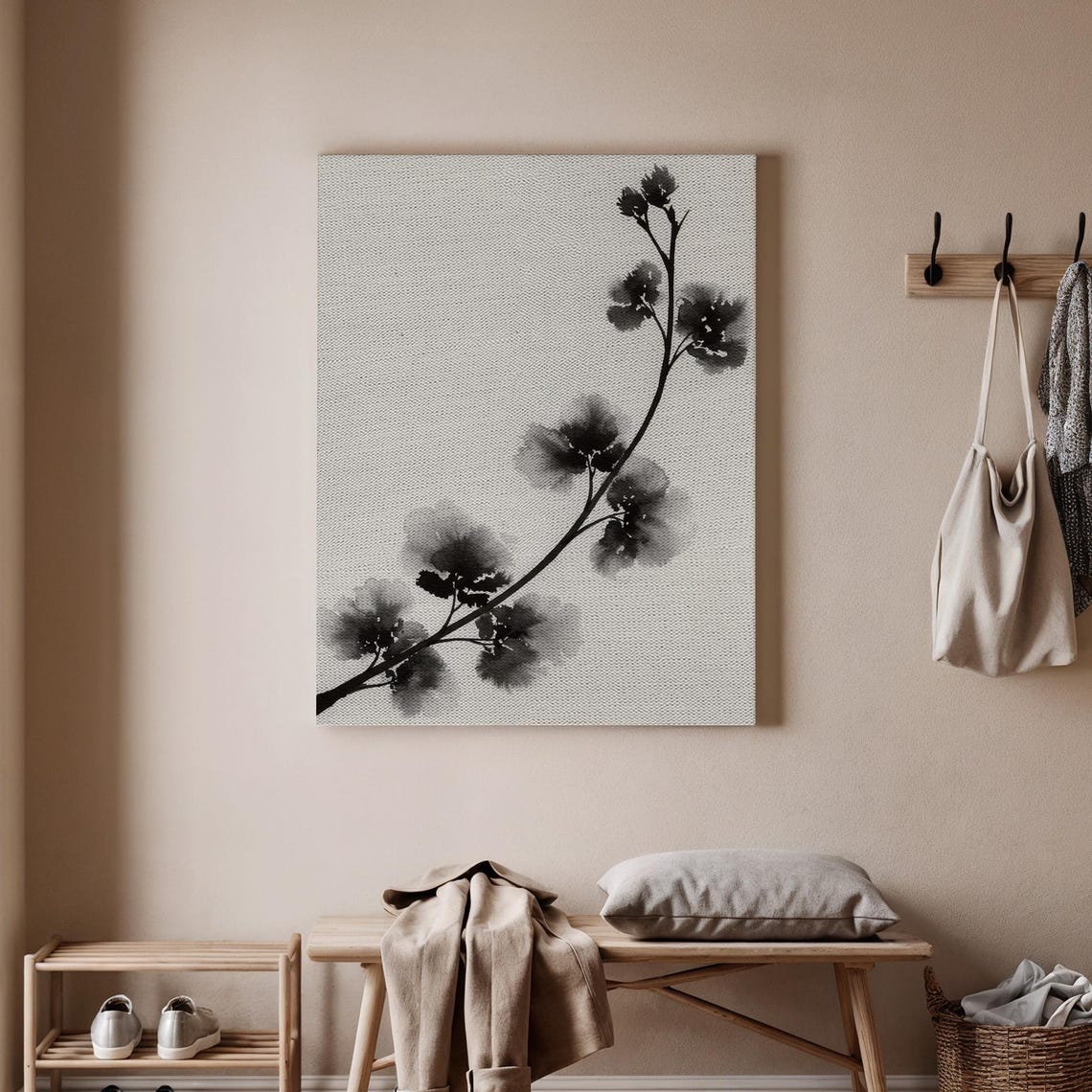 Elegant Minimalist Black Fine Ink Blossom Branch on White Poster