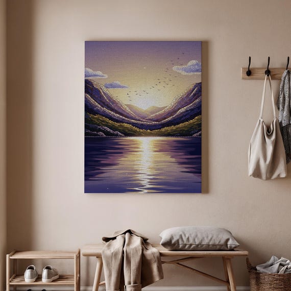 Sunset Mountain Lake Canvas Wall Art Serene Landscape Print Purple Horizon Poster Tranquil Nature Decor For Home Office