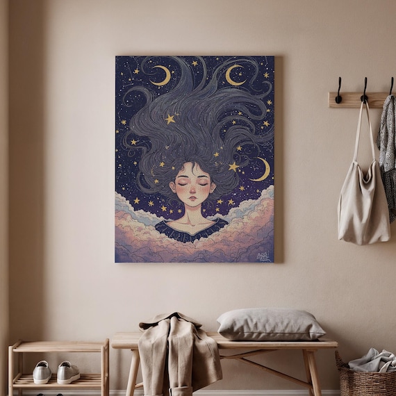 Dreamy Moon Goddess Canvas Celestial Starry Night Wall Art Cosmic Fantasy Poster Mystical Woman Illustration Print Decor