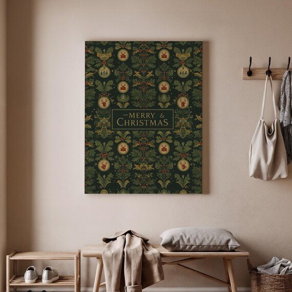 Merry Christmas Elegant Dark Green Ornament Pattern Holiday Poster