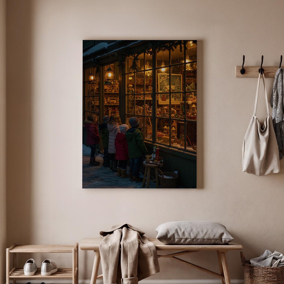 Christmas Toy Shop Window Children Winter Night Vintage Store Wall Art