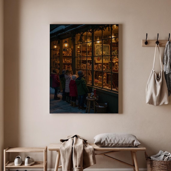 Christmas Toy Shop Window Children Winter Night Vintage Store Wall Art