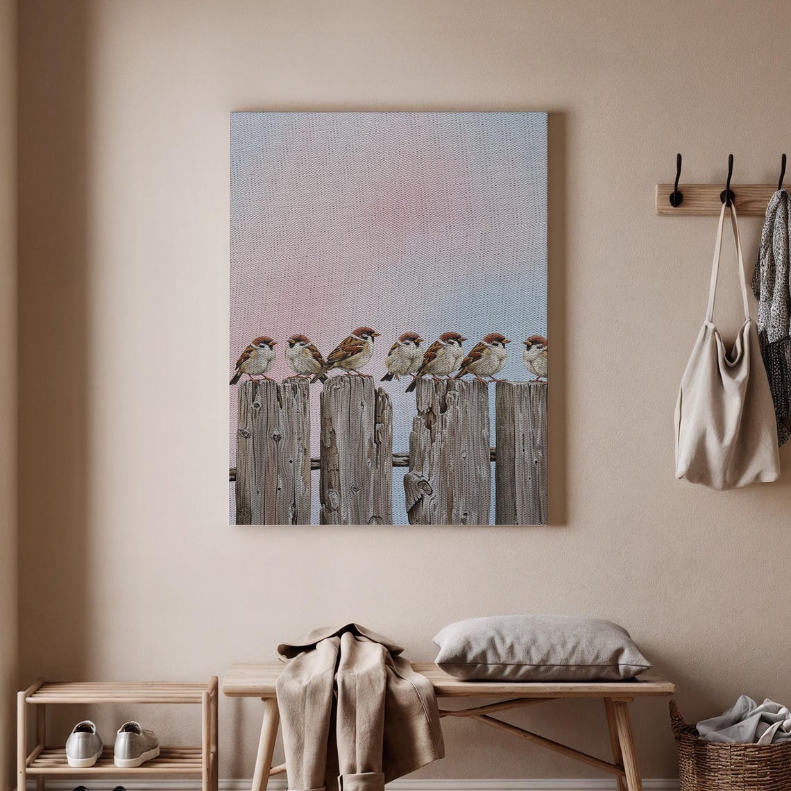 Little Sparrows Perched in a Row on Weathered Wooden Fence Poster