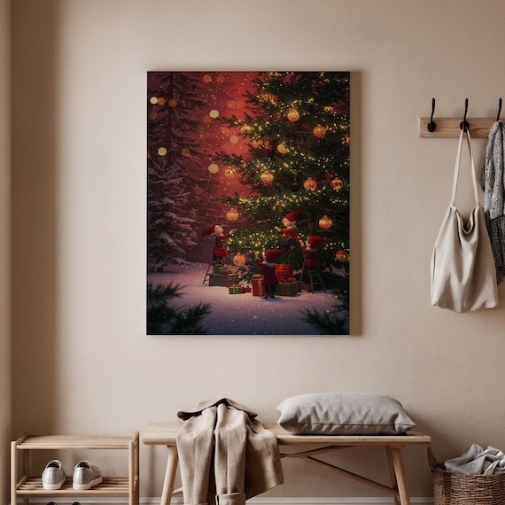 Elves Decorating Christmas Tree Gifts Snowy Night Holiday Wall Art