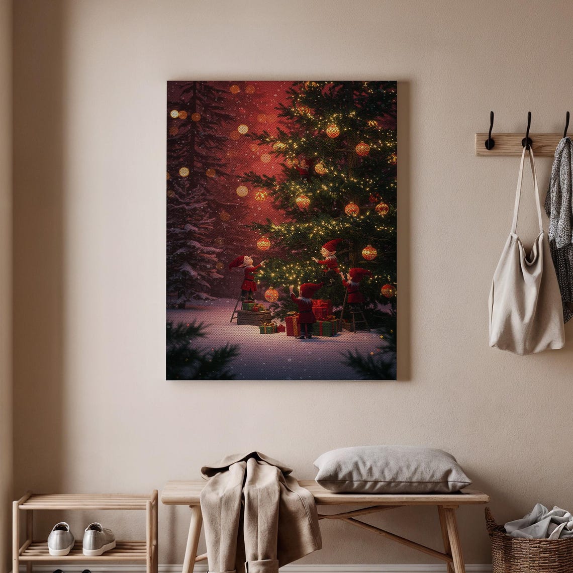 Elves Decorating Christmas Tree Gifts Snowy Night Holiday Wall Art